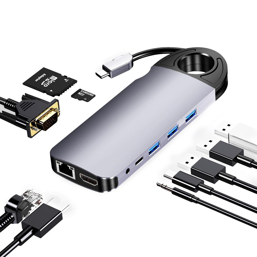 10-in-1 USB C Hub Docking Station with Hidden Cable & Finger Ring Design, 4K HDMI/VGA Dual Display, Gigabit Ethernet, SD Card Reader - Portable Laptop Dock for MacBook/Dell/HP