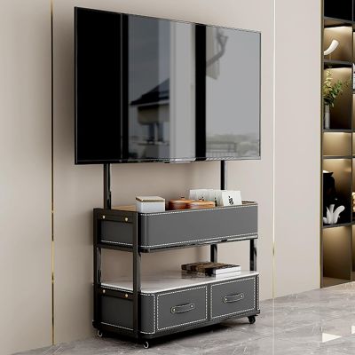 EKDJSN Mobile TV Cart, Mobile TV Stand for 50-90 Inch TVs, Rolling TV Stand with Wheels and 2 Drawer, Saddle Leather Floor TV Stand, TV Stand Mount with Adjustable Bracket(Gray)