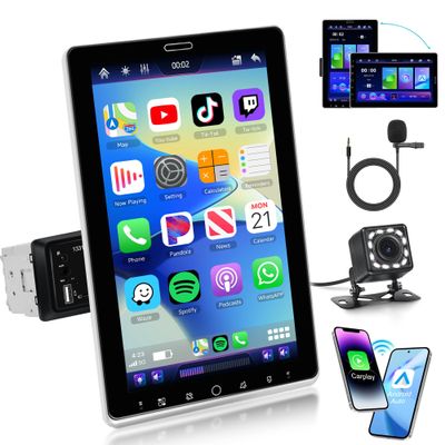 10.1 inch Single Din Car Stereo Wireless CarPlay Android Auto, Rimoody Rotational Touch Screen 1280x720 Car Radio with Bluetooth 5.2 FM/AM/RDS/EQ USB/AUX/TF/SWCCar Audio Receiver Backup Camera