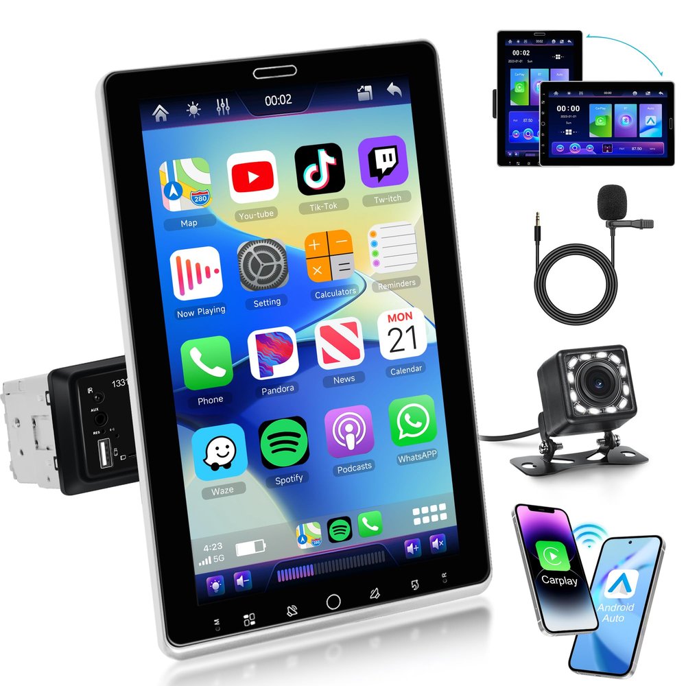 10.1 inch Single Din Car Stereo Wireless CarPlay Android Auto, Rimoody Rotational Touch Screen 1280x720 Car Radio with Bluetooth 5.2 FM/AM/RDS/EQ USB/AUX/TF/SWCCar Audio Receiver Backup Camera