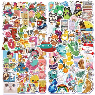 100 PCS Minimalist Style Stickers, PP/Polypropylene Waterproof Decals Artsy Fartsy Water Bottle Laptop Car Computer Skateboard Suitcase Decal, Fashionable Cartoon Cat, Dog and Duckling Stickers