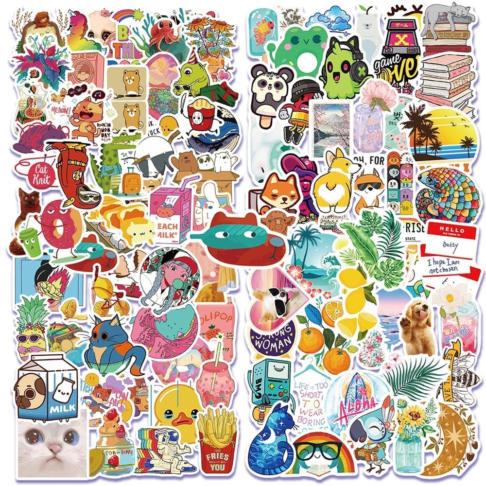 100 PCS Minimalist Style Stickers, PP/Polypropylene Waterproof Decals Artsy Fartsy Water Bottle Laptop Car Computer Skateboard Suitcase Decal, Fashionable Cartoon Cat, Dog and Duckling Stickers