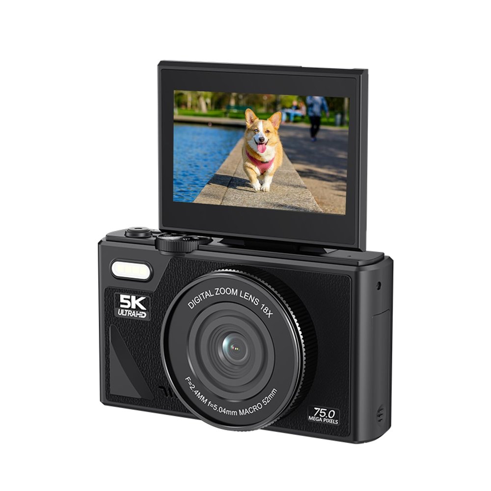 5K Digital Camera, 75MP Vlogging Camera, with 18X Zoom, 3 Inch Flip Screen, HD Compact Camera, for Travel Photography (Black)