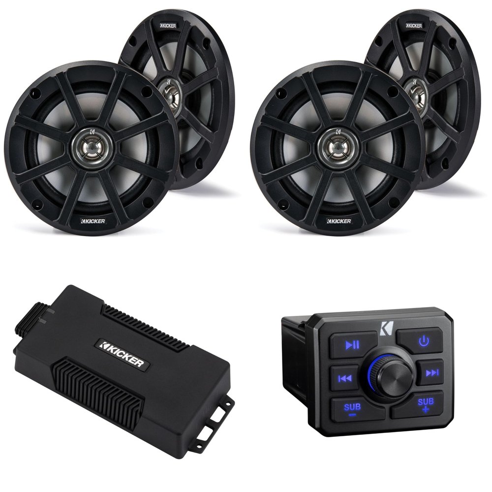 KICKER Power Sports Bundle, 51KBTR Bluetooth Source, 48PXA4004 Amp & (2) 51PSC654 Speakers