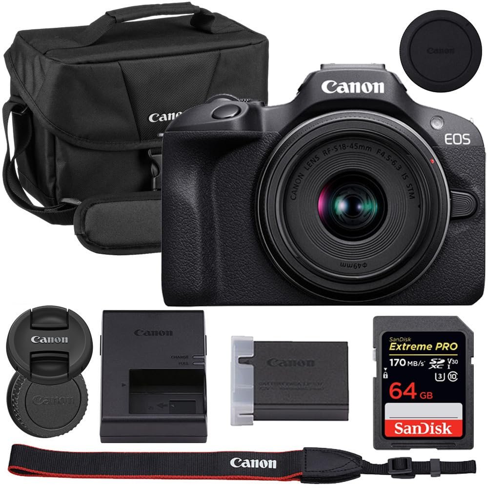 Canon EOS R100 Mirrorless Camera with 18-45mm Lens Bundle with Canon 200ES EOS Shoulder Bag + 64GB Extreme PRO Memory Card