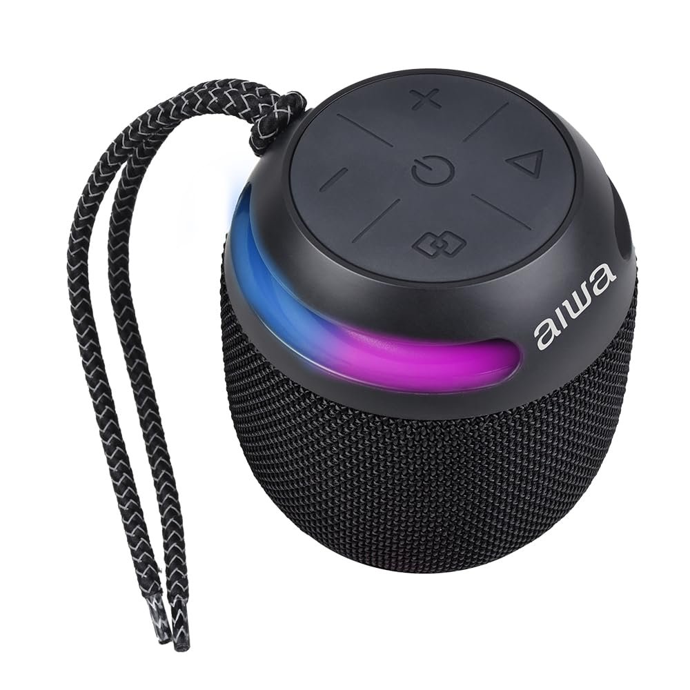 Aiwa BST-100 Portable Bluetooth Speaker, 5 W, Waterproof IP66, Hands-Free, RGB Synchronised Light, Up to 8 Hours Playtime, USB-C, Compatible with Android/iOS/Windows Black