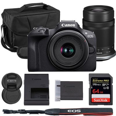 Canon EOS R100 Mirrorless Camera with 18-45mm & 55-210mm Lens Bundle with Canon 200ES EOS Shoulder Bag + 64GB Extreme PRO Memory Card