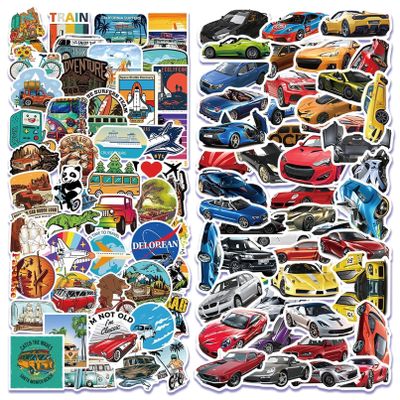 100 PCS Cool and Realistic Sports Car Stickers and Cute Cartoon Bike Stickers, PP/Polypropylene Waterproof Decals, Funny Water Bottle Laptop Car Computer Skateboard Suitcase Decal
