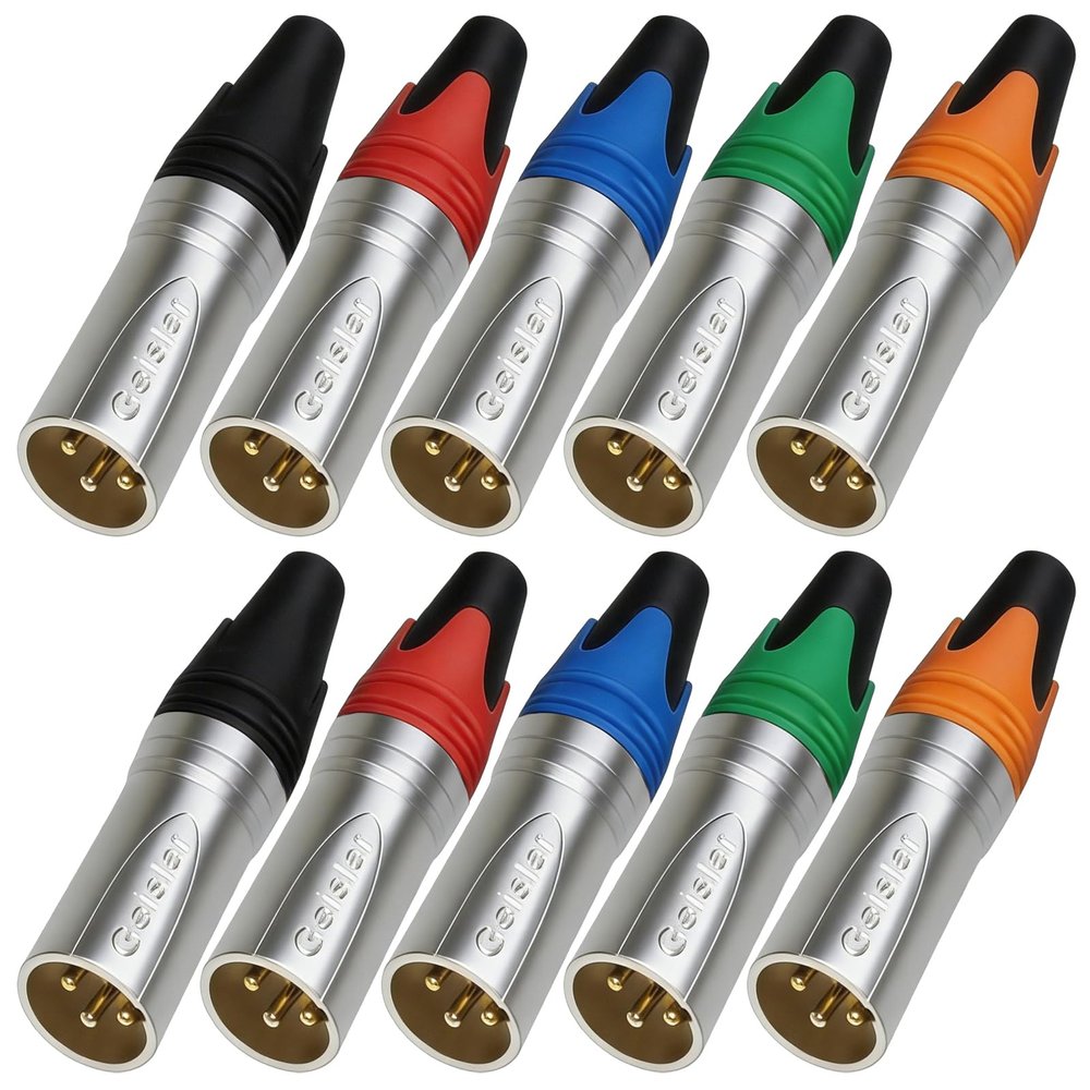 RIVIERA Geisler XLR 3 Pin Male XLR 3 Pin Female Plug Gold-Plated Copper Contacts Fine Silver Nickel Metal Housing with Muficolored Rubber Ring (Silver-housing Colorful-Mark Male) 10 Pack