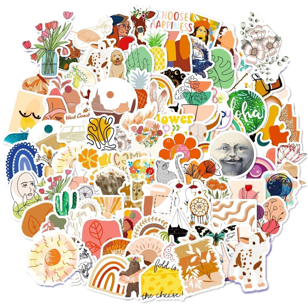 100 PCS Bohemian Aesthetic Decorative Painting Stickers, Funny Skateboard Suitcase Water Bottle Laptop Car Computer Journaling Decal, PP/Polypropylene Waterproof Decals