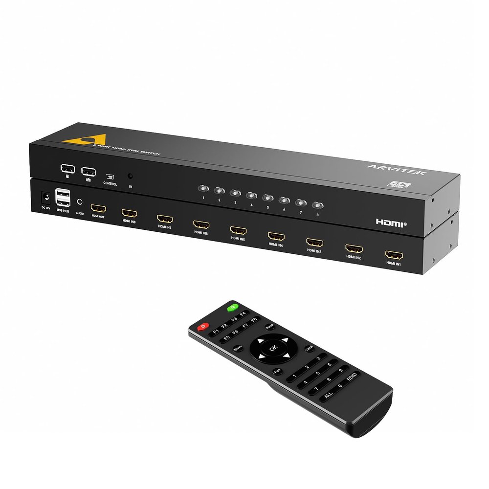 Arvitek 8 Port HDMI KVM Switch 8 in 1 Out 4K@60Hz, 1U Rack Mount KVM, USB Keyboard Mouse Sharing for 8PCs, Includes 8 HDMI Cables, IR Remote, 4 USB 2.0 Port, Wired Controller