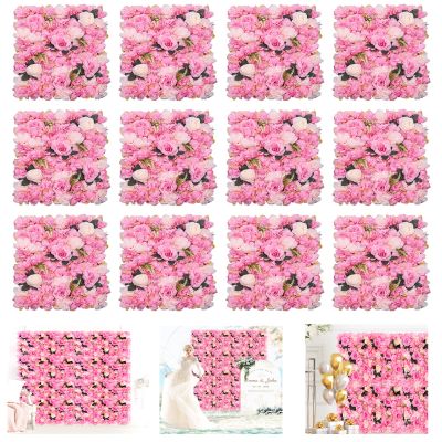 12 Pcs Flower Wall Panels, 24 x 16 Inch Artificial Wall Flower Backdrop, 3D Silk Floral Rose Panels Handmade for Photo Background Home Party Wedding Backdrop Decoration (Dark Pink)