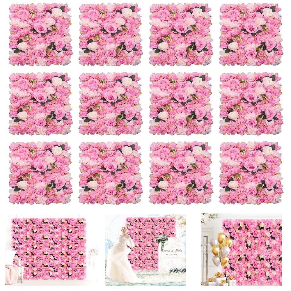 12 Pcs Flower Wall Panels, 24 x 16 Inch Artificial Wall Flower Backdrop, 3D Silk Floral Rose Panels Handmade for Photo Background Home Party Wedding Backdrop Decoration (Dark Pink)
