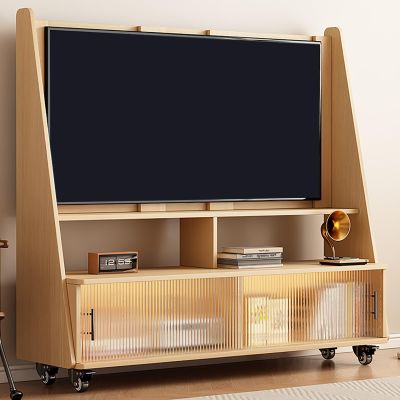 EKDJSN Wood TV Stand, Mobile TV Cart with Storage Cabinet, TV Height Adjustable, Rolling TV Stand with Wheels, Universal Floor TV Stand Mount, Tilt TV Cart for Living Room, Bedroom