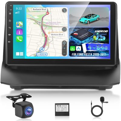 [8 Core 4+64G] Upgrade Android 15 Radio for Ford Fiesta 2009-2017: 9 inch IPS Touchscreen Carplay Stereo - 3D Car Model Showcase, Cooling Fan, WiFi, DSP, Custom UI Design + AHD Backup Camera + Canbus