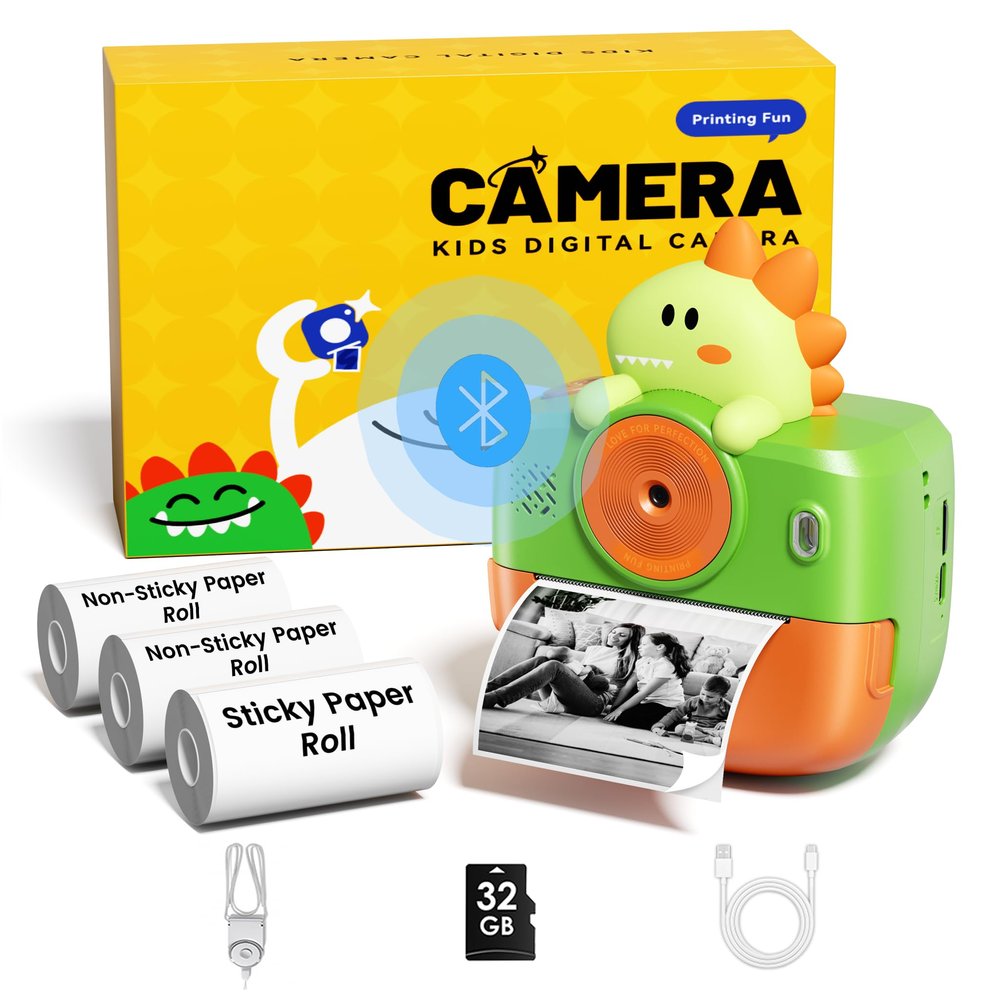 Bluetooth Instant Print Camera for Kids, Childrens Instant Print Camera Gift for Boys Girls Ages 1-17, Toddler Kid Digital Cameras Printer for Toys, Thermal Mini Photo Printer & 1 Sticker & 2 Paper