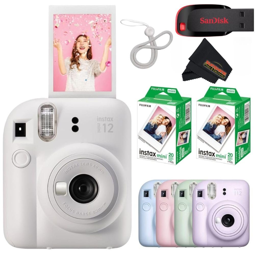 Fujifilm Instax Mini 12 Instant Camera Clay White with Sandisk 32 GB USB Flash Drive + 40 Sheets Fujifilm Instax Mini Film Bundle, Sunshine Photo Microfiber Cleaning Cloth Included...