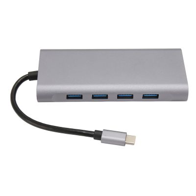11 in 1 USB C Hub, Multiport Adapter with 4xUSB3.0, HD 4K VGA, RJ45 Ethernet, PD Charging, 3.5mm Sound, Memory Card Reader Deep Sky Gray Aluminum Alloy Docking Station