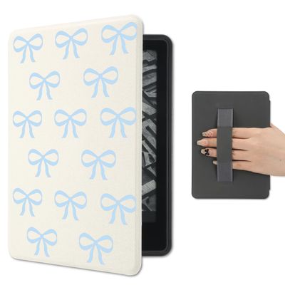 Joyland Watercolor Blue Bow Case for Kindle Paperwhite 11th Generation 2024/2022 (6 inch) Premium PU Leather Protective Sleeve Cover with Hand Strap,Auto Sleep/Wake (RS23CV/C2V2L3)