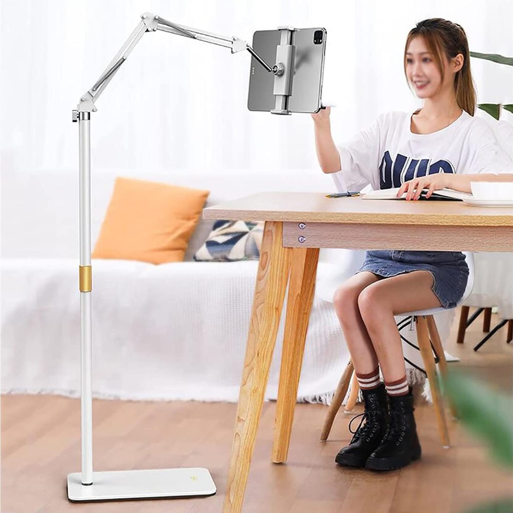 Adjustable Tablet Stand Floor Portable Tablet Holder for Bedroom Foldable Non Slip Fits 4.7-12.9 inch Pro Air iPhone Tablet/Phones White