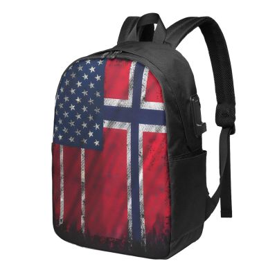 SUNNYEE Vintage Norwegian Norway American Flag Laptop Backpacks Travel Backpack Casual Business Daypack Sport Rucksack Computer Bag Fits up to 17 Inch Notebook with USB Port