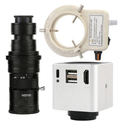1080P 60FPS HDMI USB Video Microscope Camera Multifunction Measurement & 200X C-Mount Lens with 56-LED Adjustable Ring Light - Silver