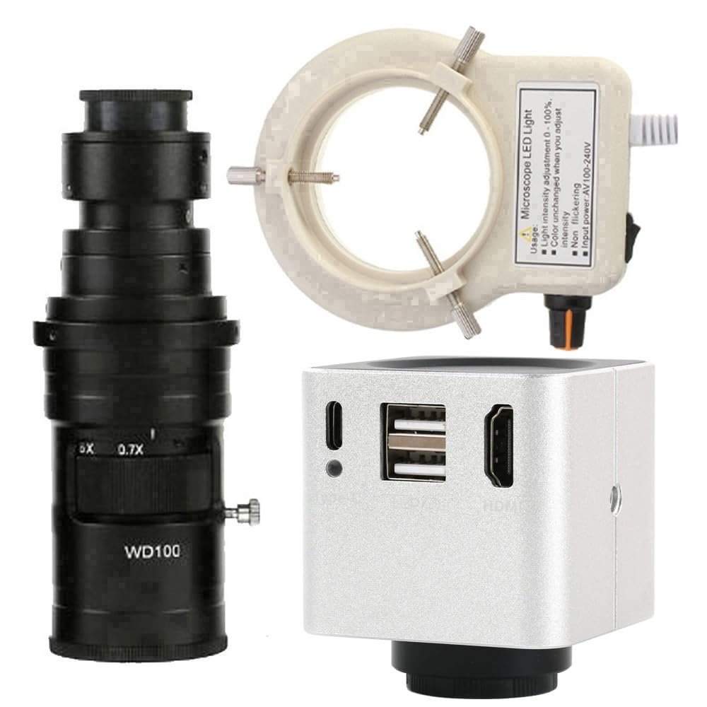 1080P 60FPS HDMI USB Video Microscope Camera Multifunction Measurement & 200X C-Mount Lens with 56-LED Adjustable Ring Light - Silver
