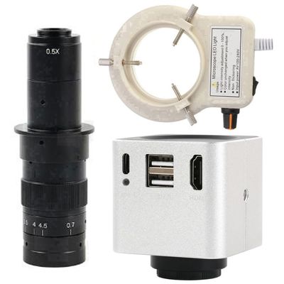 1080P 60FPS HDMI USB Video Microscope Camera Multifunction Measurement & 180X C-Mount Lens with 56-LED Adjustable Ring Light - Silver