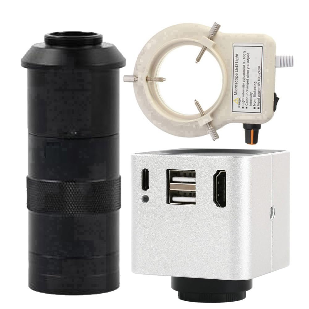 1080P 60FPS HDMI USB Video Microscope Camera Multifunction Measurement & 100X C-Mount Lens With 56-LED Adjustable Ring Light - Silver