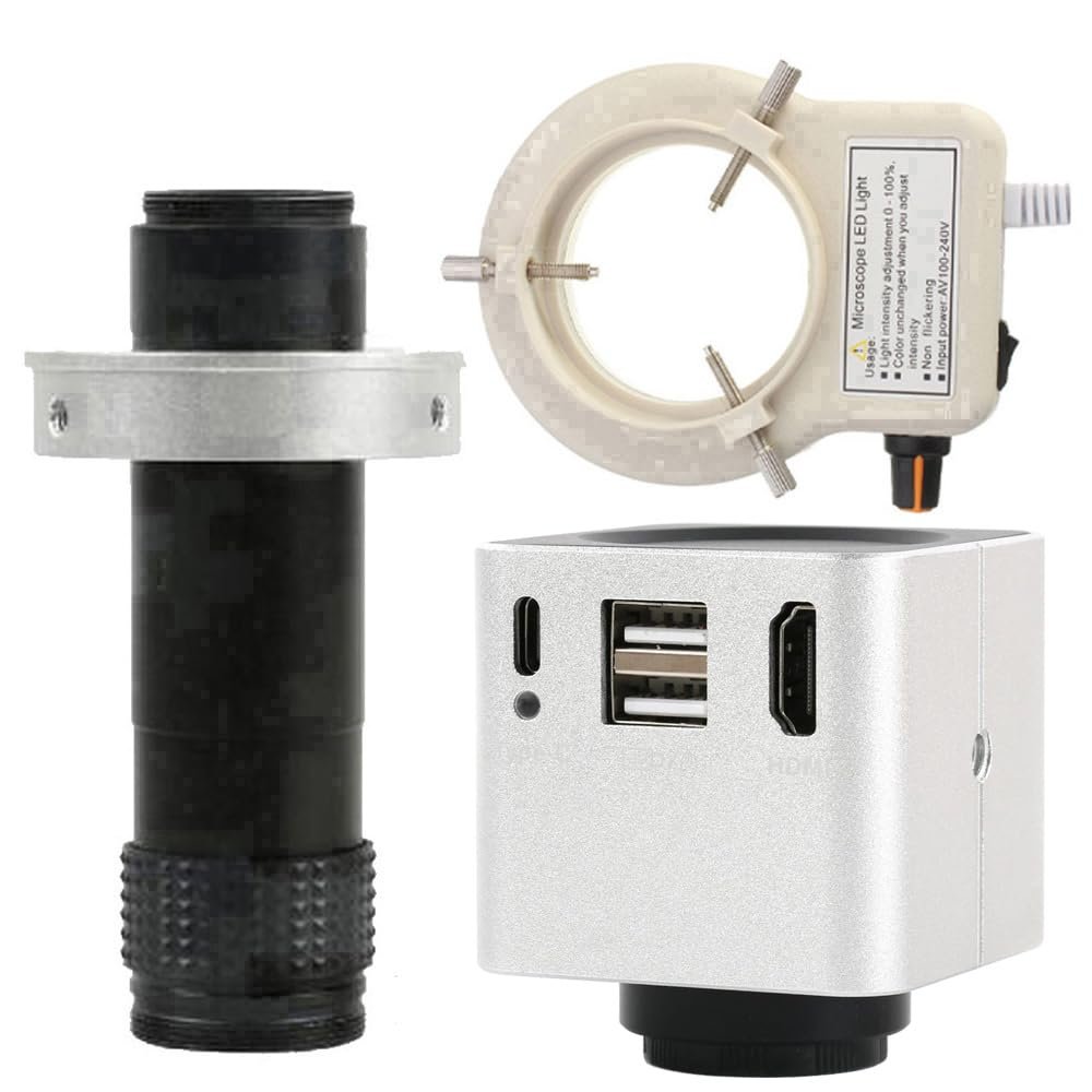 1080P 60FPS HDMI USB Video Microscope Camera Multifunction Measurement & 120X C-Mount Lens with 56-LED Adjustable Ring Light - Silver