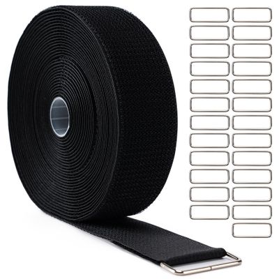 2" x32Ft Hook and Loop Straps Cinch Straps Heavy Duty with 25 Metal Buckles, Adjustable Fastening Cable Straps, Free Cut Length, Reusable Nylon Cable Ties for Organizer or Storage, 2 inch Wide Black