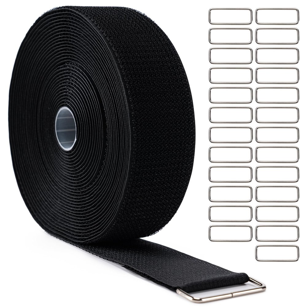 2" x32Ft Hook and Loop Straps Cinch Straps Heavy Duty with 25 Metal Buckles, Adjustable Fastening Cable Straps, Free Cut Length, Reusable Nylon Cable Ties for Organizer or Storage, 2 inch Wide Black