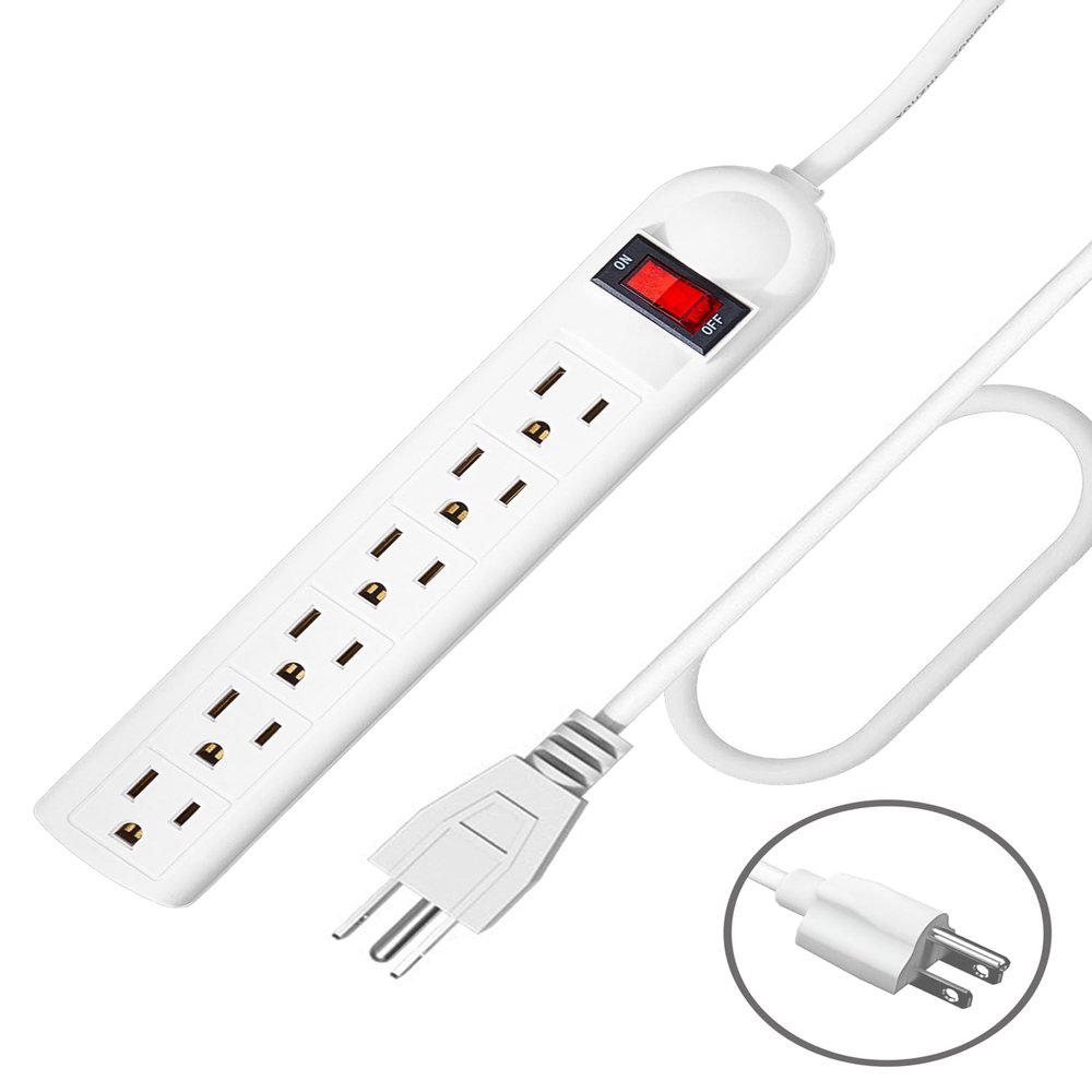 Extension Cord 6 ft - Long Power Strip Surge Protector, 6 AC Outlet Flat Plug, Wall Mount, Multi Plug Outlet Extender Desk Charging Station for Computer Home Office Dorm Room Essentials (White)