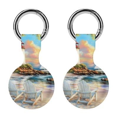 Coastal Lighthouse Seaside Scenery Protective Case Compatible with AirTag Silicone Case Key Finder with Keychain 2PCS