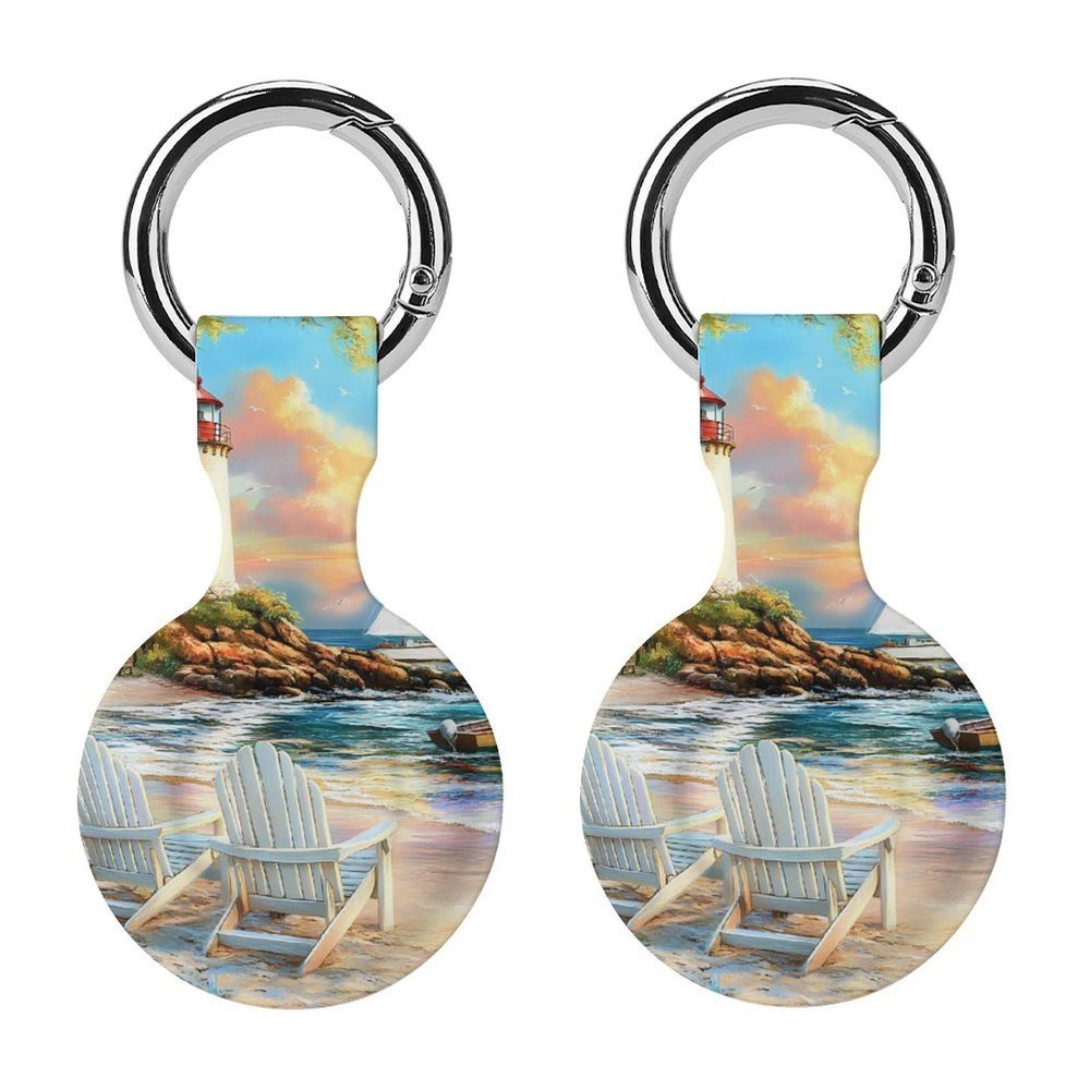 Coastal Lighthouse Seaside Scenery Protective Case Compatible with AirTag Silicone Case Key Finder with Keychain 2PCS