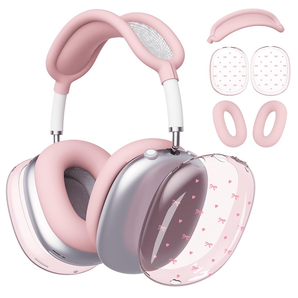 BlHMCASE Headphone Cover for AirPods Max, Cute Kawaii Bow Heart Clear Ear Cups Covers, Pink Silicone Ear Pad Case Headband Cover for Apple AirPods Max