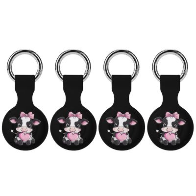 Black & White Cow Holding Heart Protective Case Compatible with AirTag Silicone Case Key Finder with Keychain 4PCS