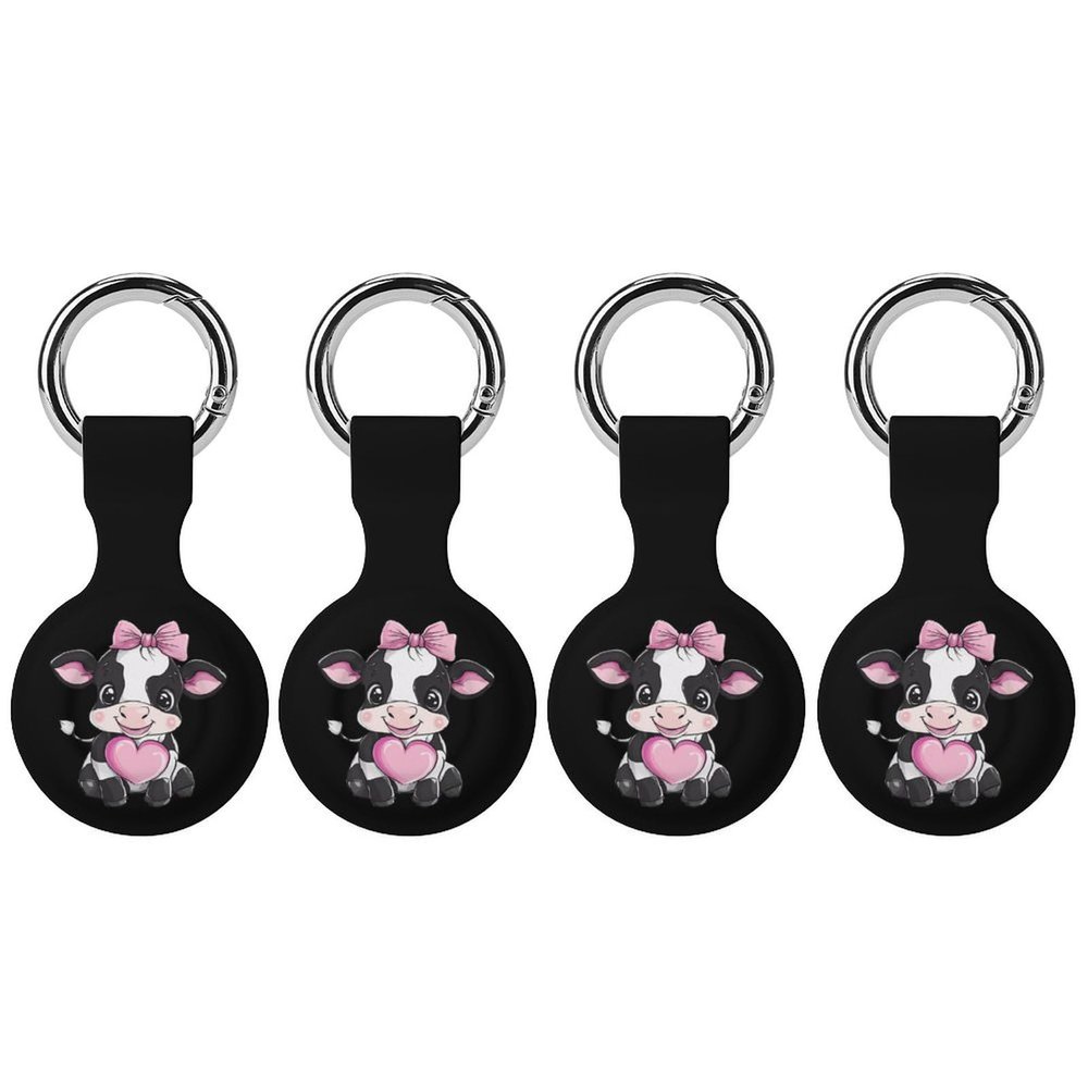 Black & White Cow Holding Heart Protective Case Compatible with AirTag Silicone Case Key Finder with Keychain 4PCS