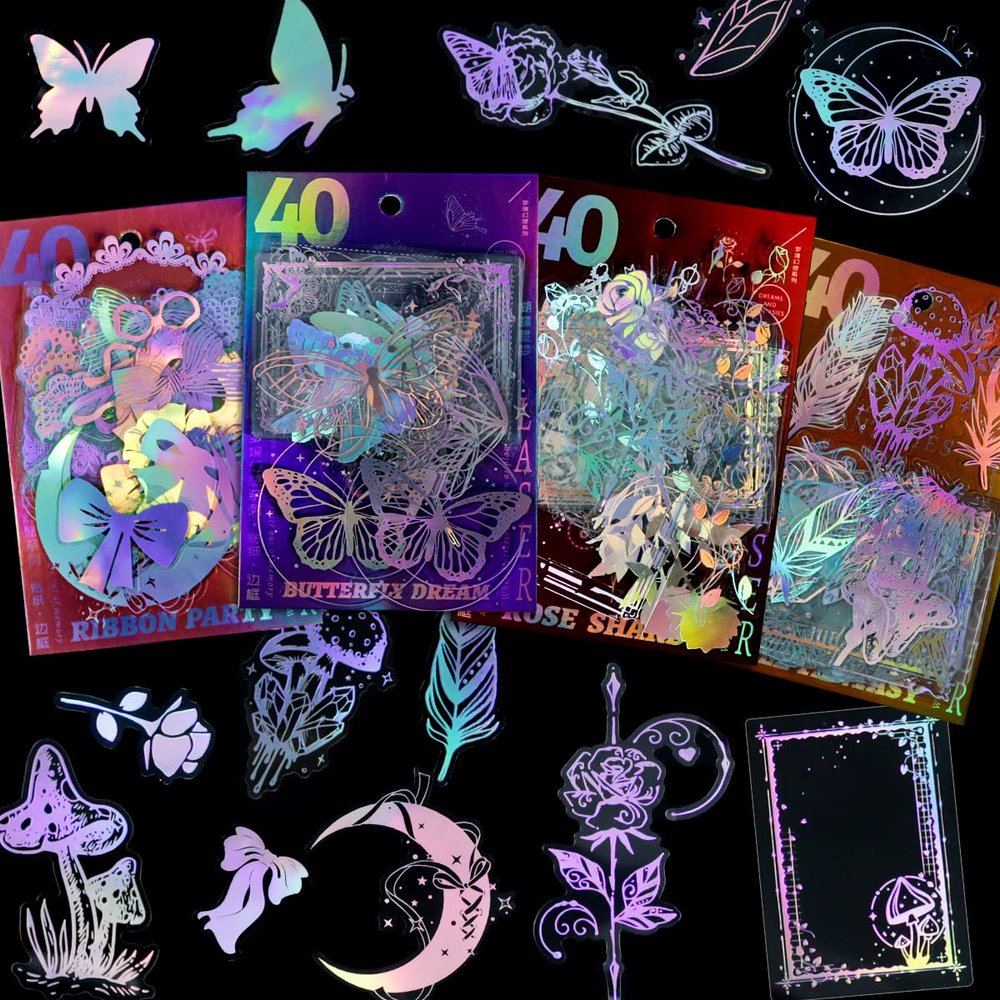 160Pcs Holographic Glitter Resin Stickers  4 Themes, Butterfly & Flower Stickers, Waterproof Transparent Decals for Scrapbooking, Journaling, Laptop & Water Bottle