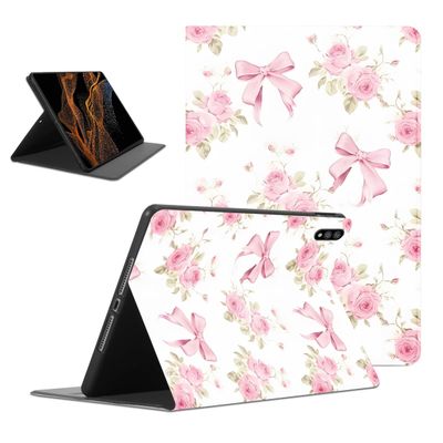 Aesthetic Pink Bow Flowers Tablet Case for Samsung Galaxy Tab S8/S7 Plus 2022/2020 S7 FE 2021 Case 12.4",Girly Kawaii Cute Cases PU Leather Shockproof Protective Cover Funda for Women Girls Boys