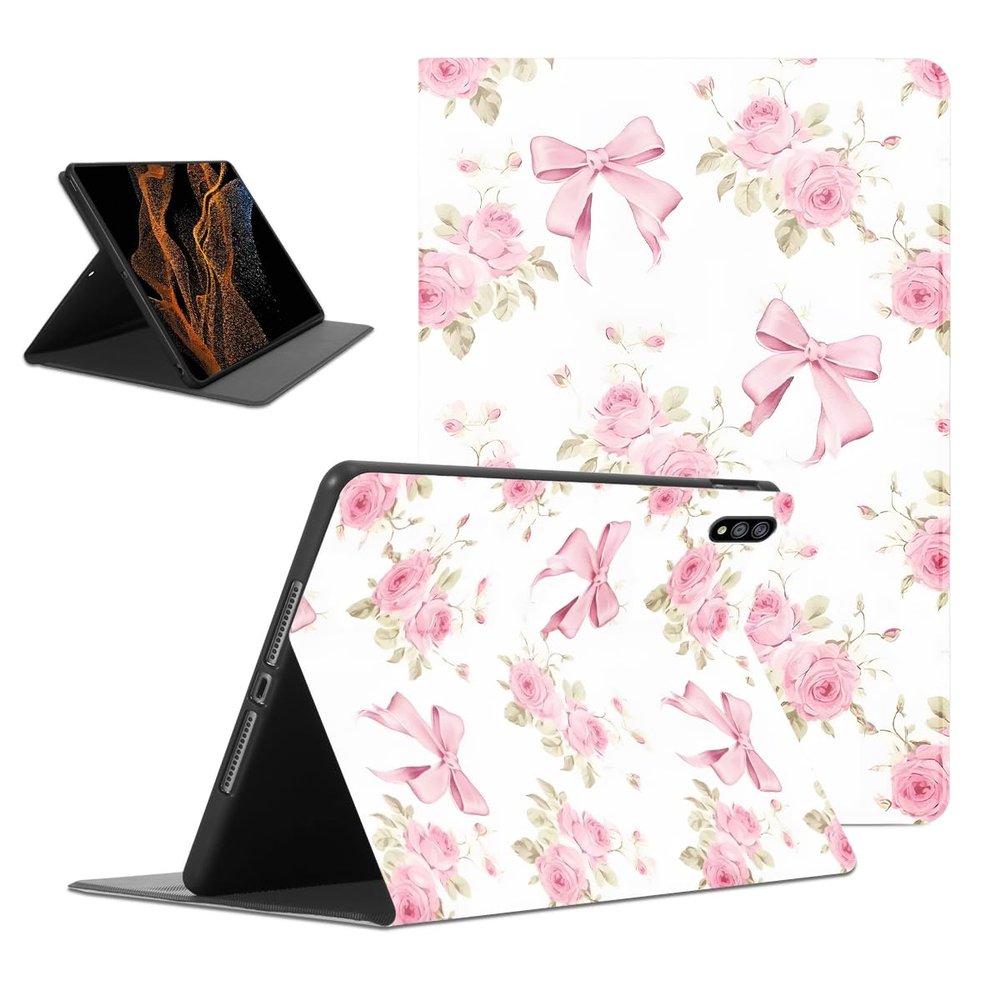 Aesthetic Pink Bow Flowers Tablet Case for Samsung Galaxy Tab S8/S7 Plus 2022/2020 S7 FE 2021 Case 12.4",Girly Kawaii Cute Cases PU Leather Shockproof Protective Cover Funda for Women Girls Boys