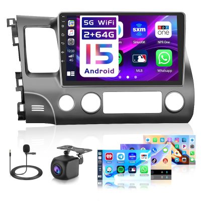 Android 15 Car Stereo for Honda Civic 2006-2011 Rdio, [2+64G] Hikity 10.1" Touch Screen Car Stereo Wireless Carplay Android Auto 5G WiFi Mirror Link GPS Bluetooth SWC Backup Cam FM/EQ Mic