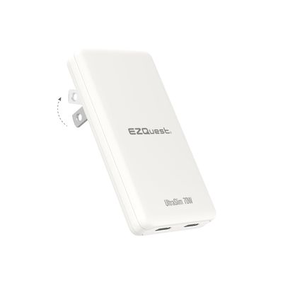 EZQuest UltraSlim 70W GaN II Dual USB-C PD Wall Charger - Compact Flat Plug Adapter with Foldable Design, Intelligent Power Allocation & Fast Charging for Laptops & Phones - White