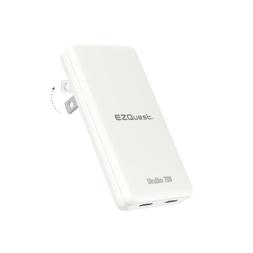 EZQuest UltraSlim 70W GaN II Dual USB-C PD Wall Charger - Compact Flat Plug Adapter with Foldable Design, Intelligent Power Allocation & Fast Charging for Laptops & Phones - White
