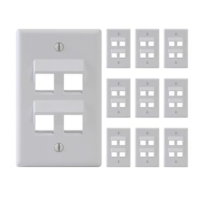 ICC Angled 4-Port Keystone Wall Plate (10 Pack), UL Listed, Durable ABS Plastic, Single Gang Wall Plate for RJ45 Modular Inserts, White