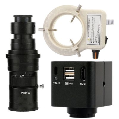 1080P HDMI Type-c PC Industrial Microscope Camera Measurement U Disk Video Recorder & 200X C-Mount Lens with 56-LED Adjustable Ring Light - Black