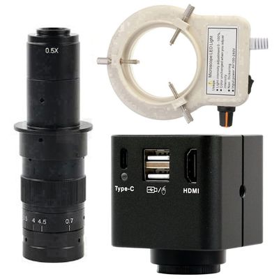1080P HDMI Type-c PC Industrial Microscope Camera Measurement U Disk Video Recorder & 180X C-Mount Lens with 56-LED Adjustable Ring Light - Black