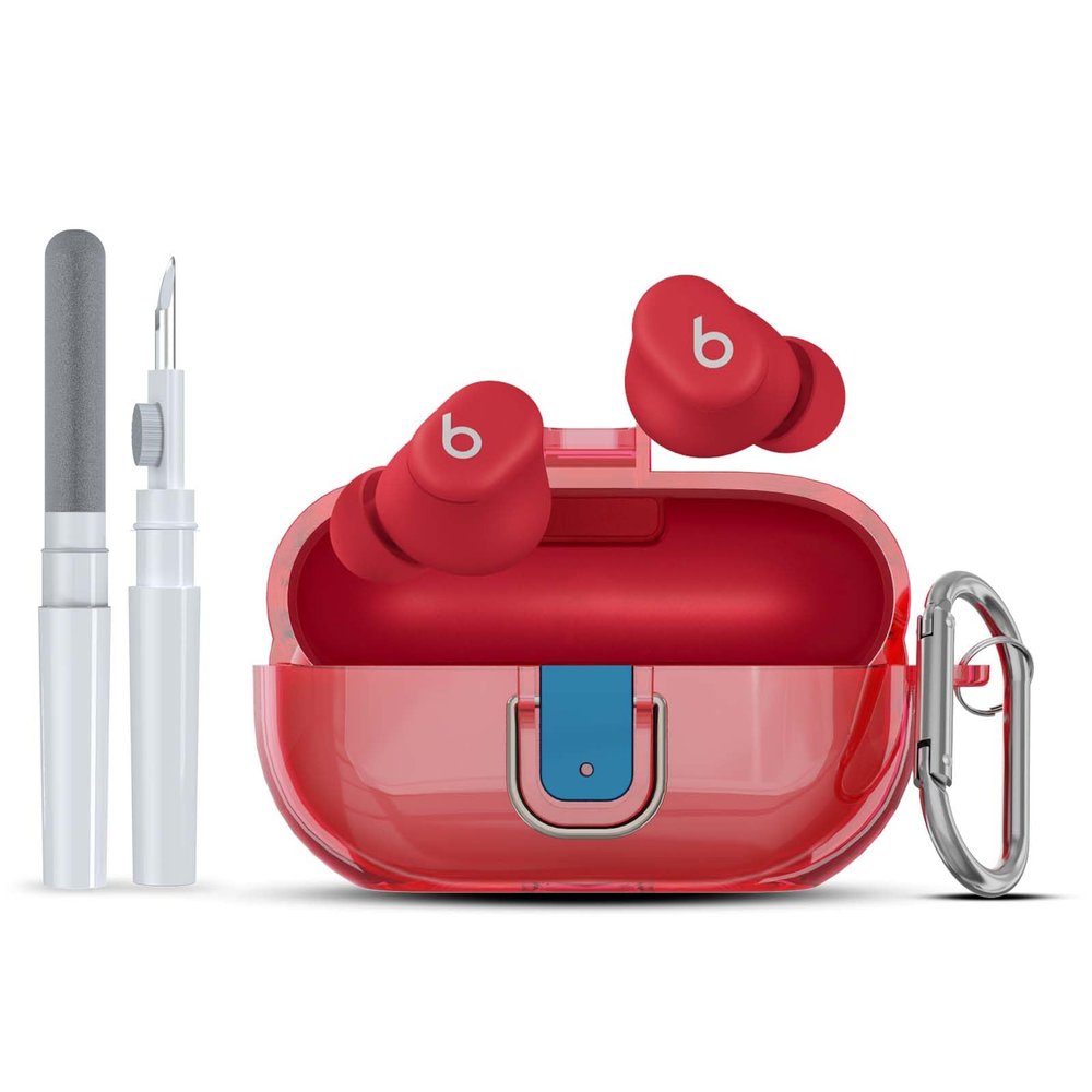 AGENTNANO [Upgrade Secure Lock] for Beats Solo Buds 2024 Case Cover with Cleaner Kit, Clear TPU Shockproof Protective Cover Compatible with Beats Solo Buds Charging Case with Carabiner-Clear Red