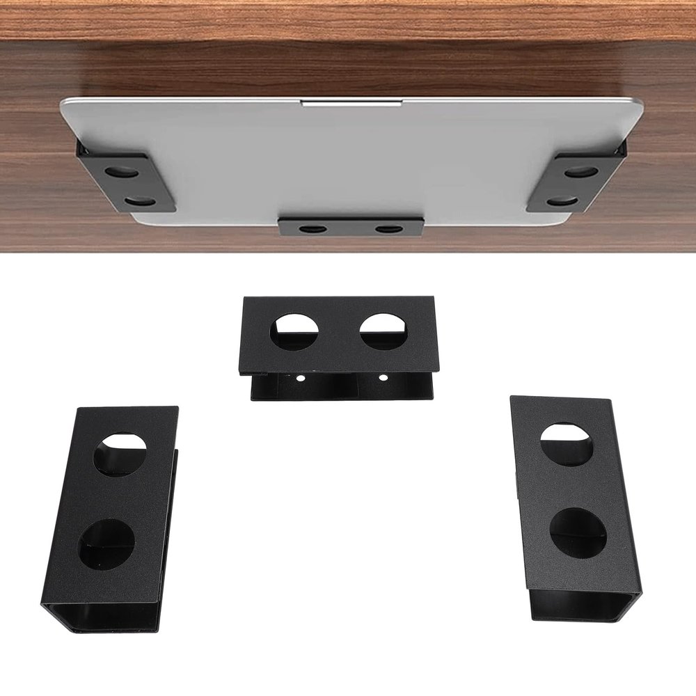 Under Desk Laptop Mount, Enhancing Stability Metal Under Desk Shelf Device Holder with Screws for Laptop TV Box (Black) (Black)