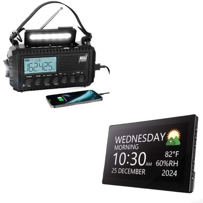 Raynic NOAA Weather Radio,5000mAh/18500mWh Solar Hand Crank Emergency Radio and Raynic Digital Clock, Large Display Calendar Clock with 12 Themes, 20 Alarms, 20 Reminders
